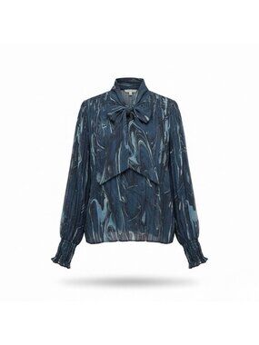 Banana Republic Womens Dark Blue Polyester Bow-Tie Long-Sleeve Blouse Size M